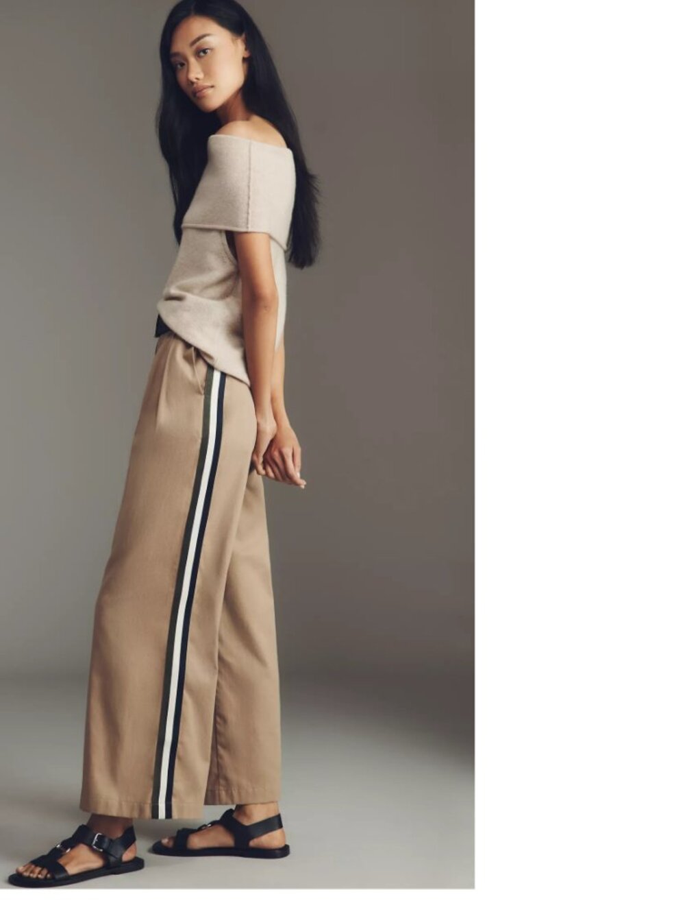 Anthropologie Khaki Wide-Leg Trousers with Side Stripes
